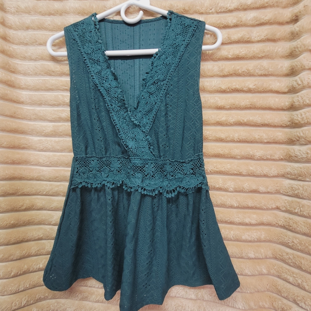 SHEIN Green and Blue Bell Sleeve Wrap Blouse
